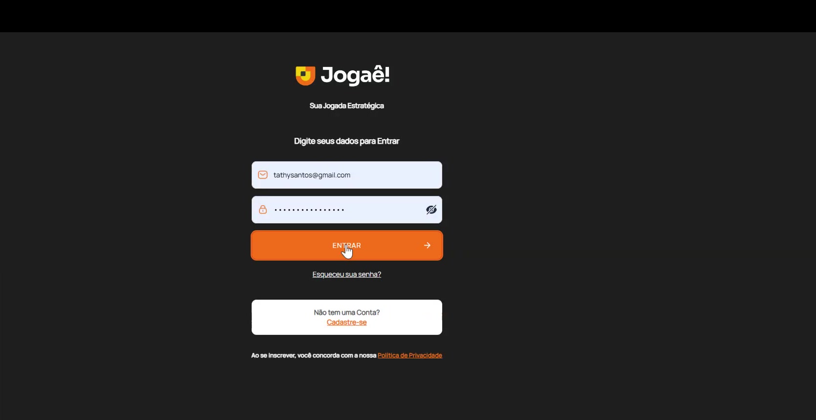 Tela de login do Jogaê