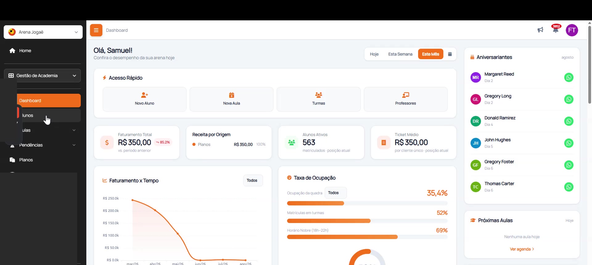 Dashboard do Jogaê com menu Alunos