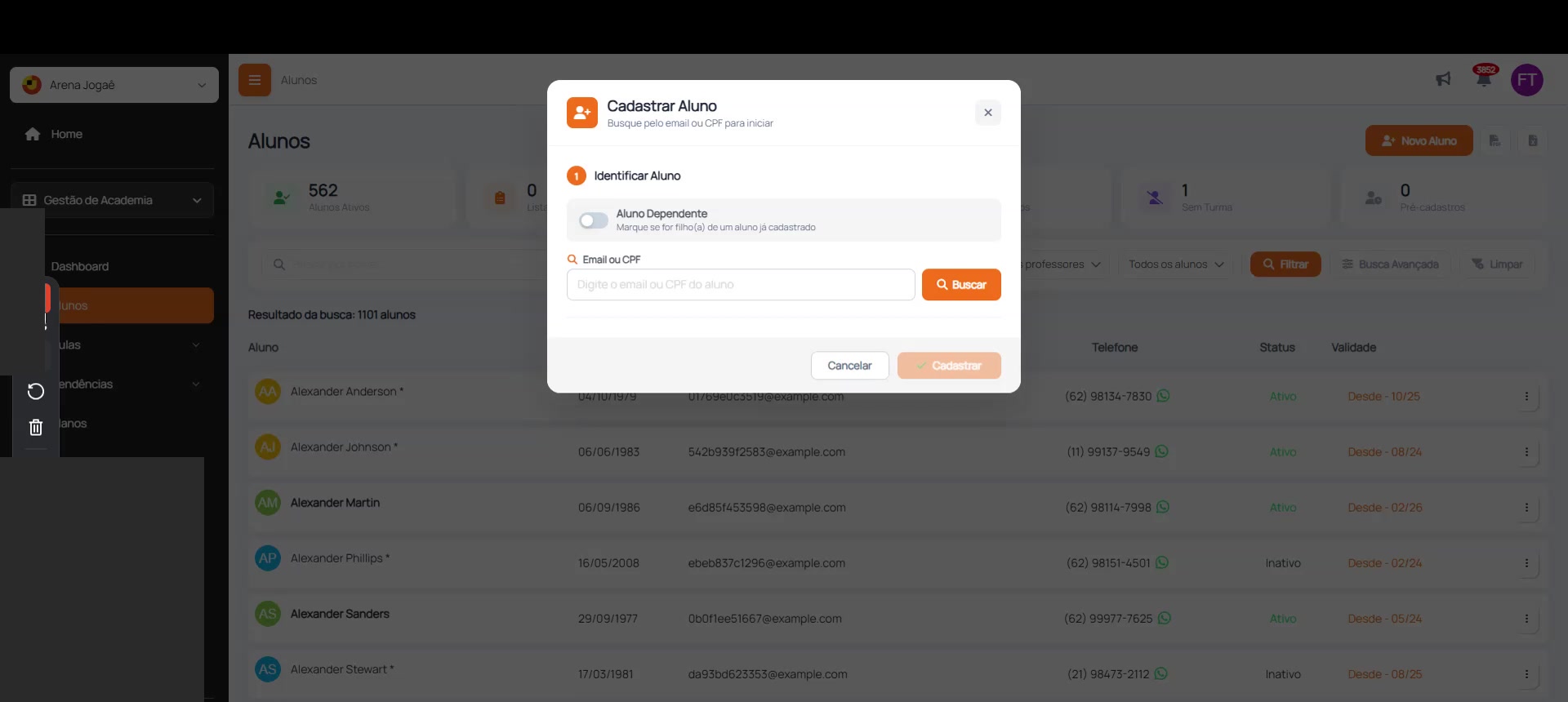 Modal Cadastrar Aluno - busca por email ou CPF